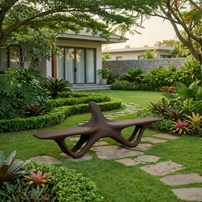 Solid Wood Outdoor Bench Sculptural Organic Form with Curved Flowing Base Design