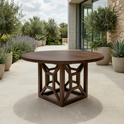 Round Solid Wood Outdoor Dining Table with Geometric Architectural Pedestal Base