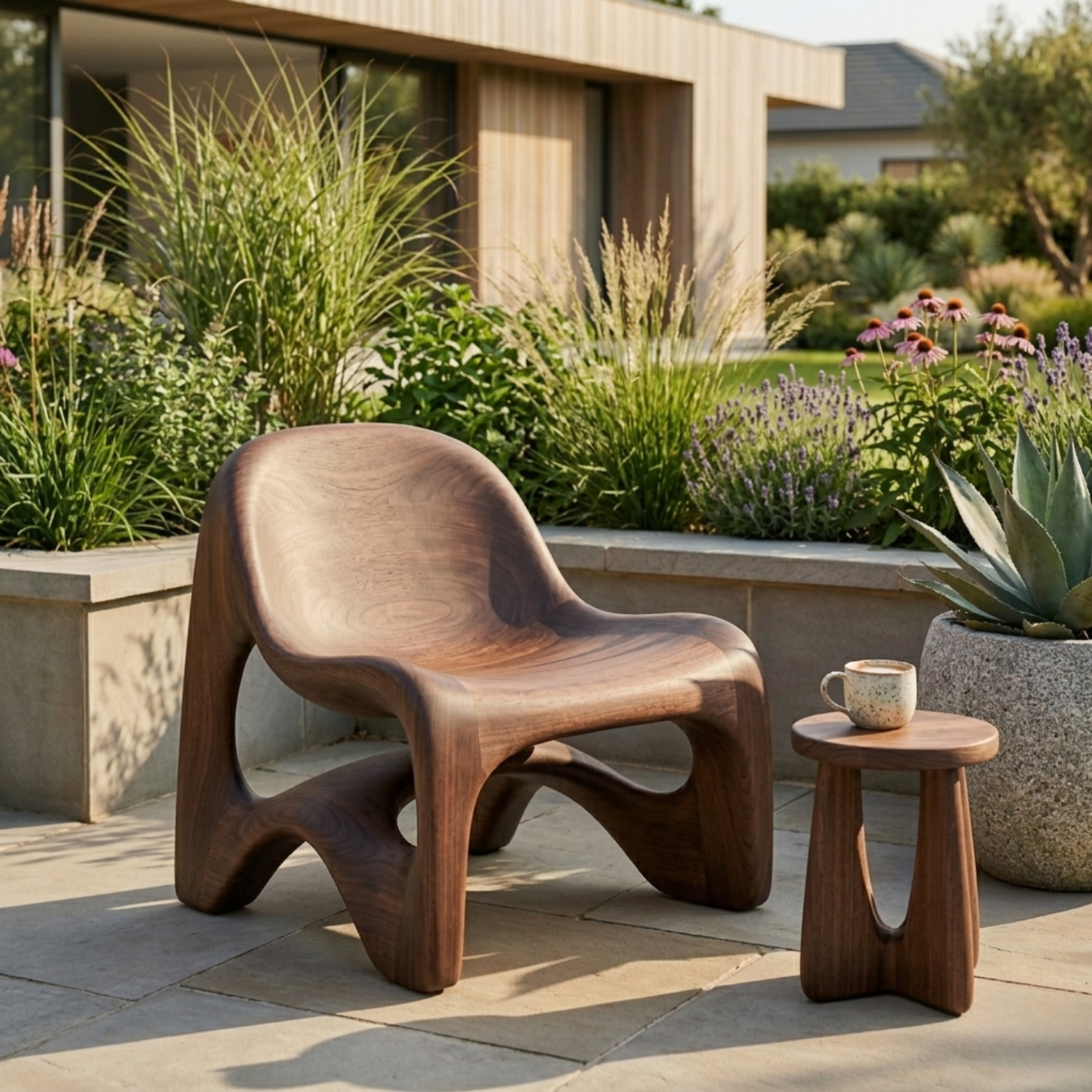 Sculptural Solid Wood Lounge Chair with Organic Curved Design