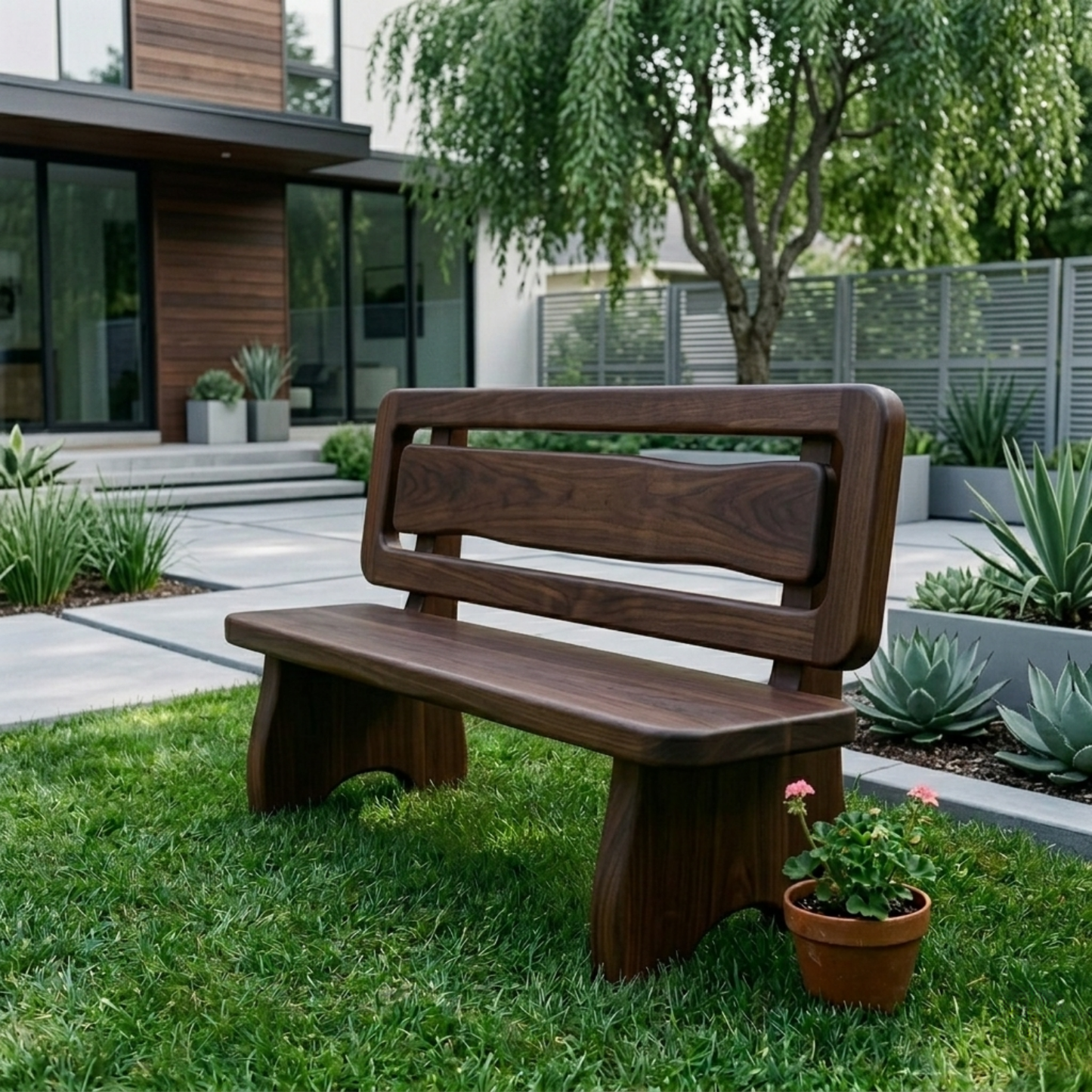 Solid Wood Outdoor Bench with Double Slat Back Modern Garden Patio Seating