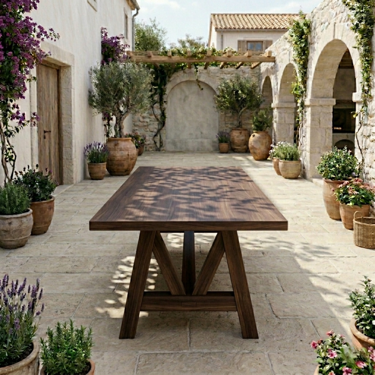 Rectangular Solid Wood Outdoor Dining Table with A-Frame Pedestal Base