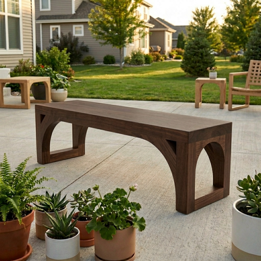 Solid Wood Outdoor Bench with Arched Base and Minimalist Rectangular Design