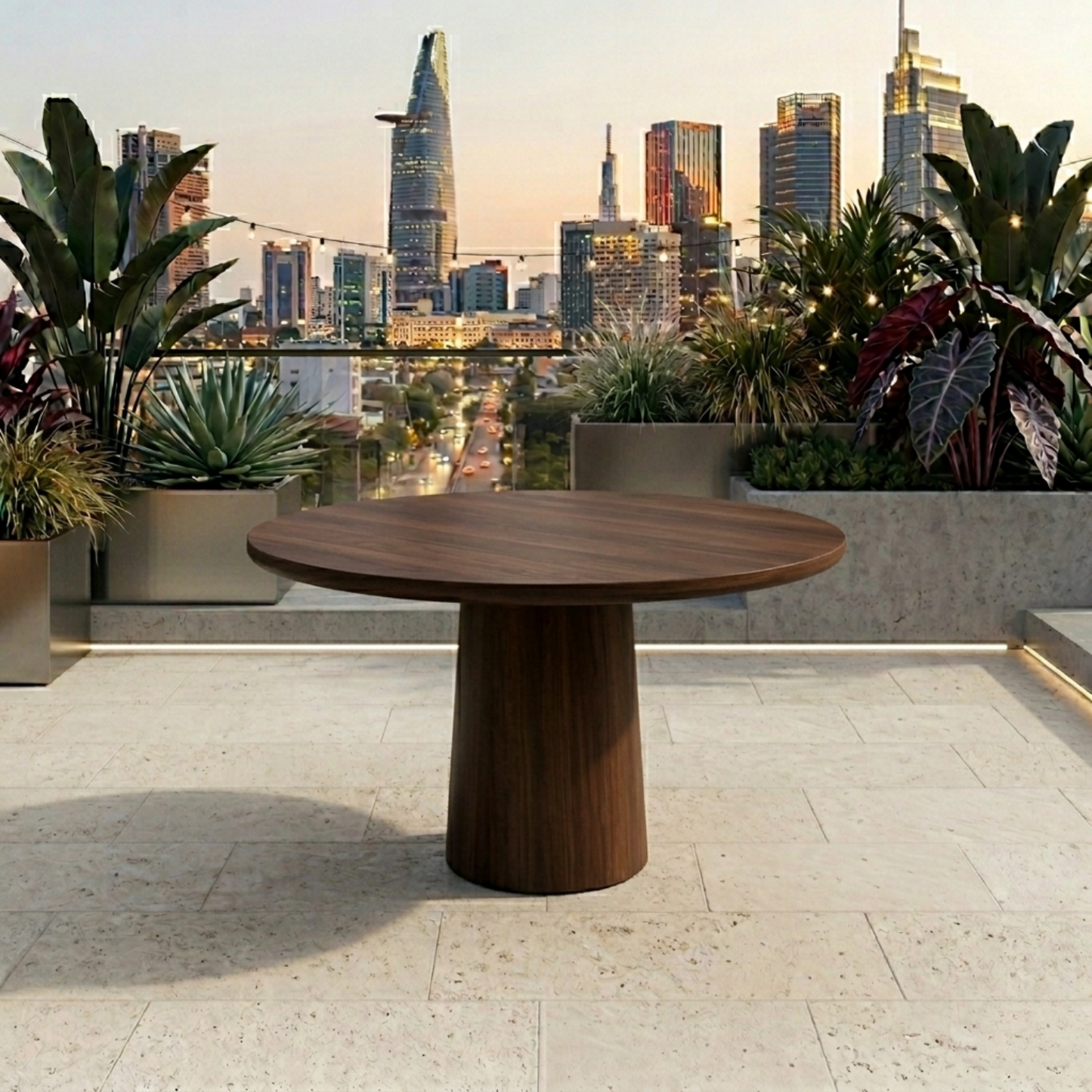 Round Solid Wood Outdoor Dining Table with Minimalist Cylinder Pedestal Base
