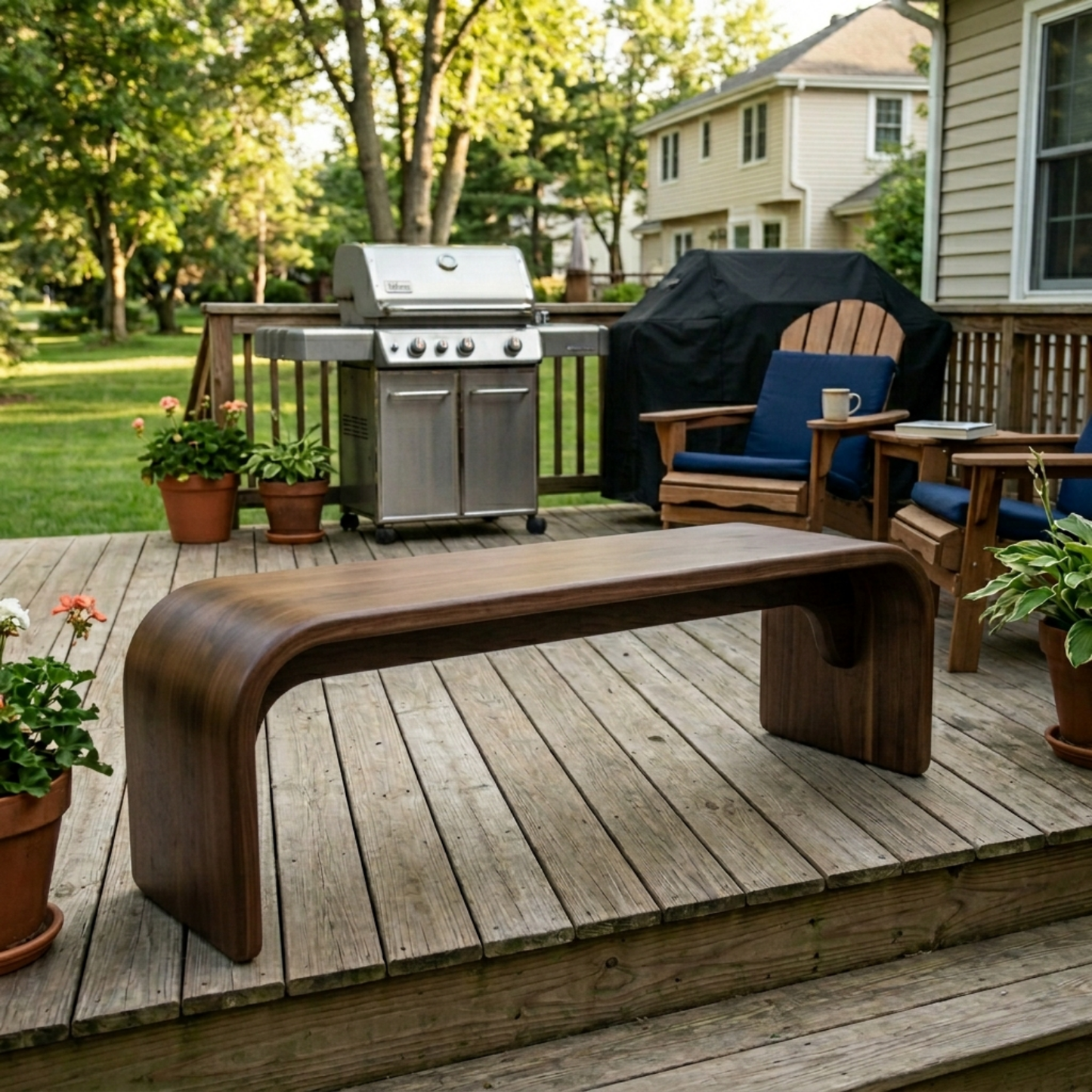 Solid Wood Outdoor Bench with Curved Waterfall Design and Minimalist Profile