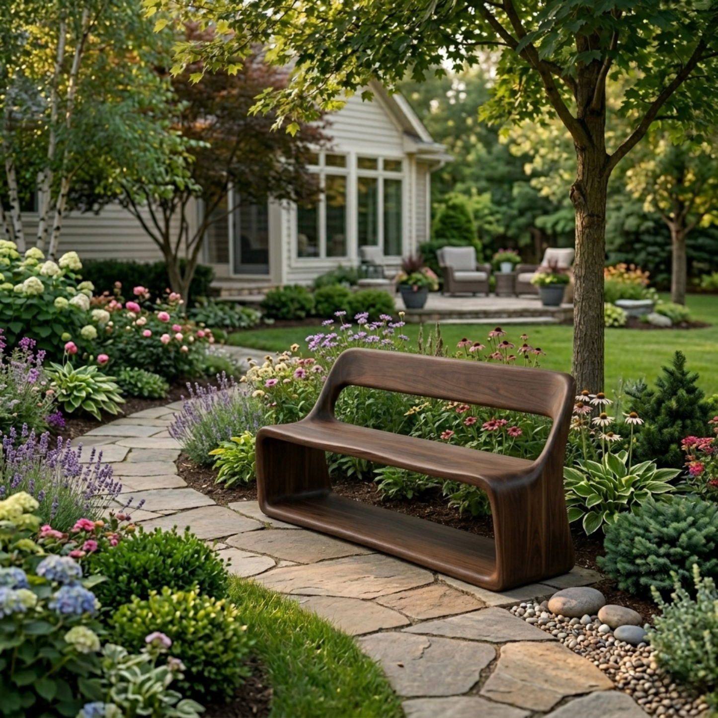 Solid Wood Outdoor Bench with Curved Backrest and Integrated Open Shelf Base