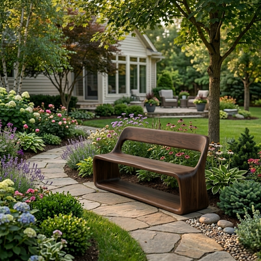 Solid Wood Outdoor Bench with Curved Backrest and Integrated Open Shelf Base