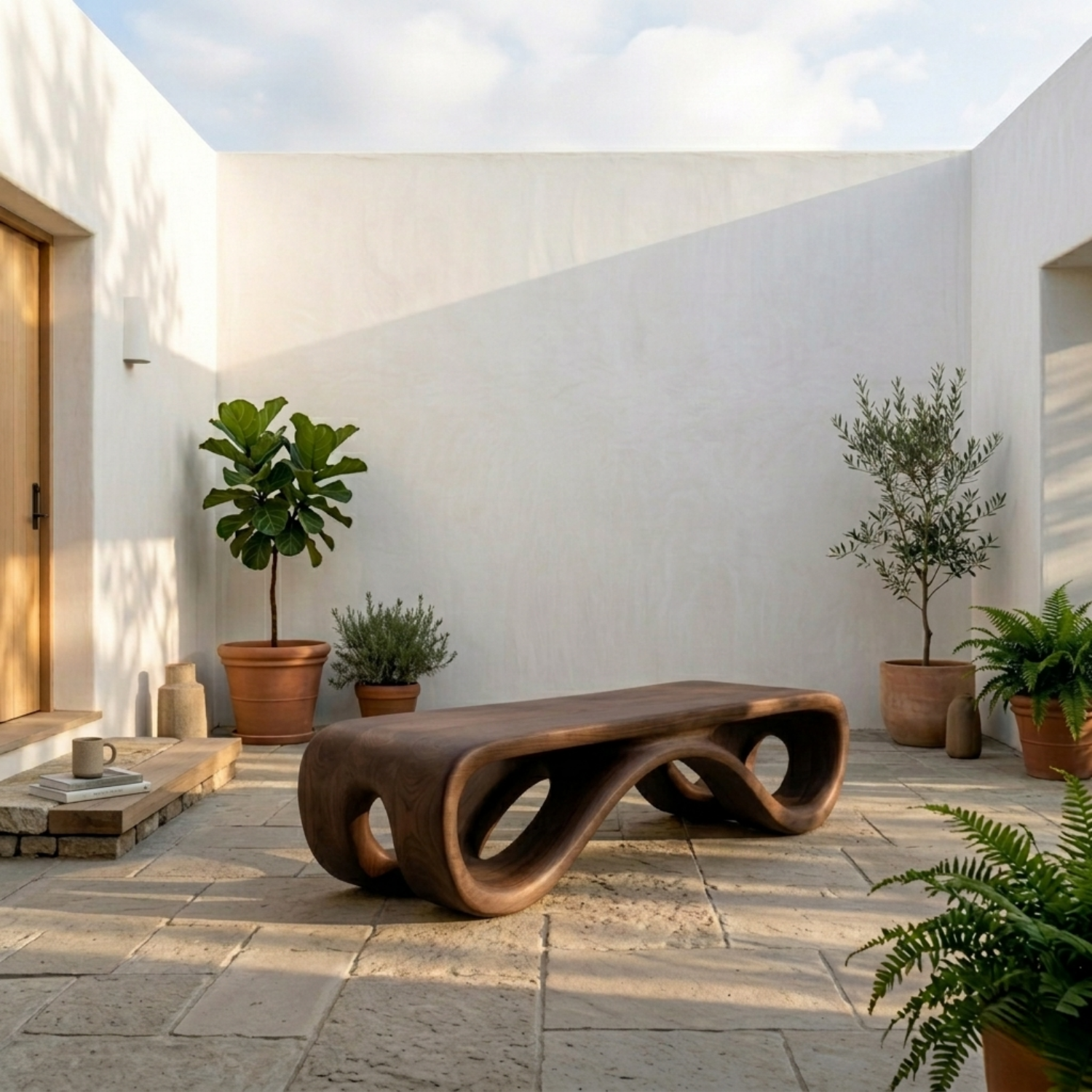 Handcrafted Solid Wood Outdoor Bench Sculptural Curved Base Organic Modern Minimal Design