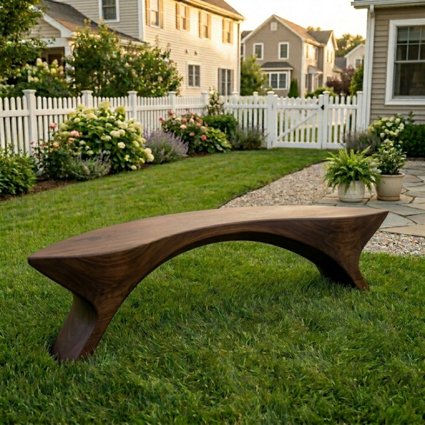 Solid Wood Outdoor Bench Sculptural Curved Design with Organic Arch Base