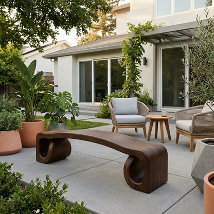 Solid Wood Outdoor Bench with Sculpted Wave Seat and Hollow Base Design