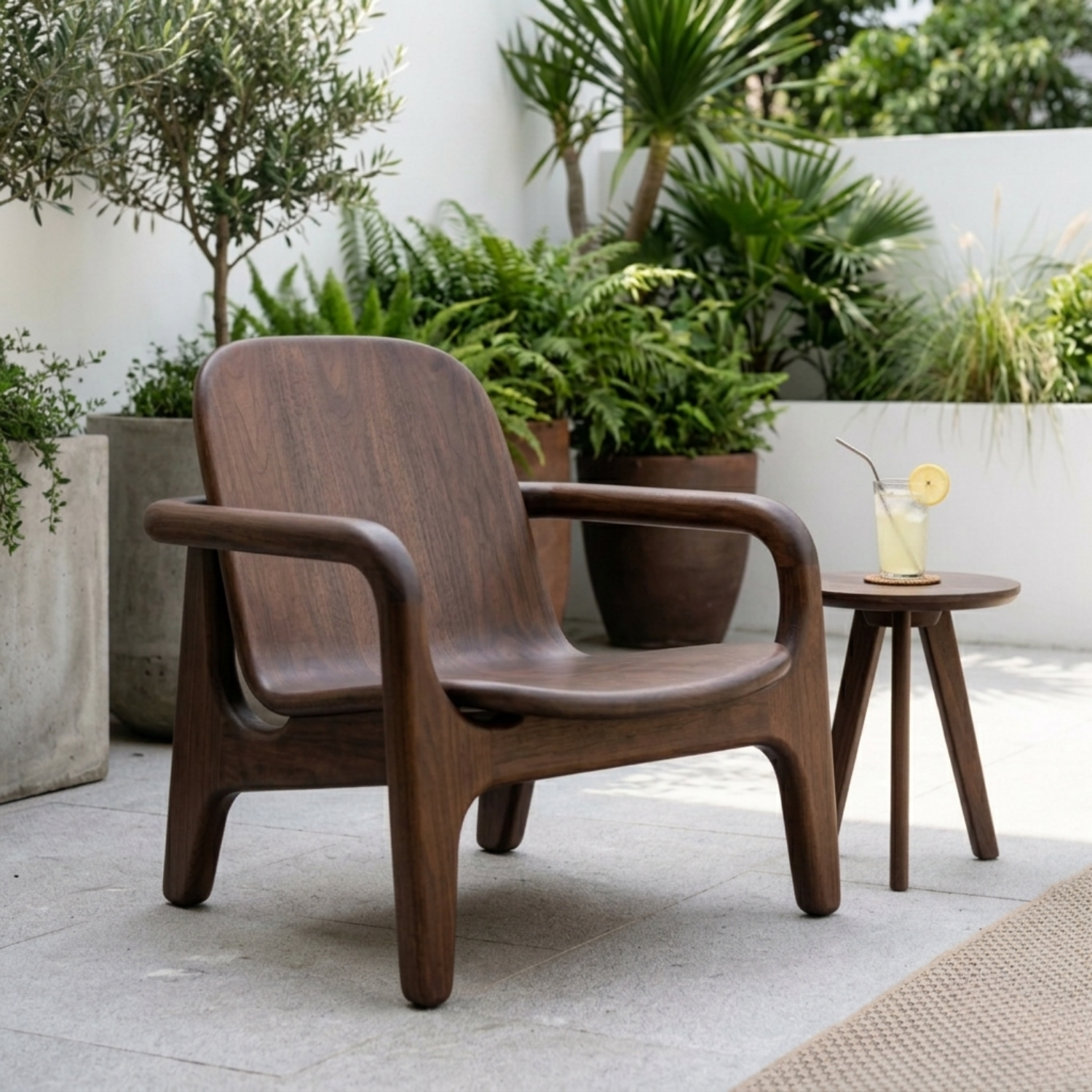 Curved Solid Wood Lounge Chair with Sculpted Armrests for Outdoor Patio
