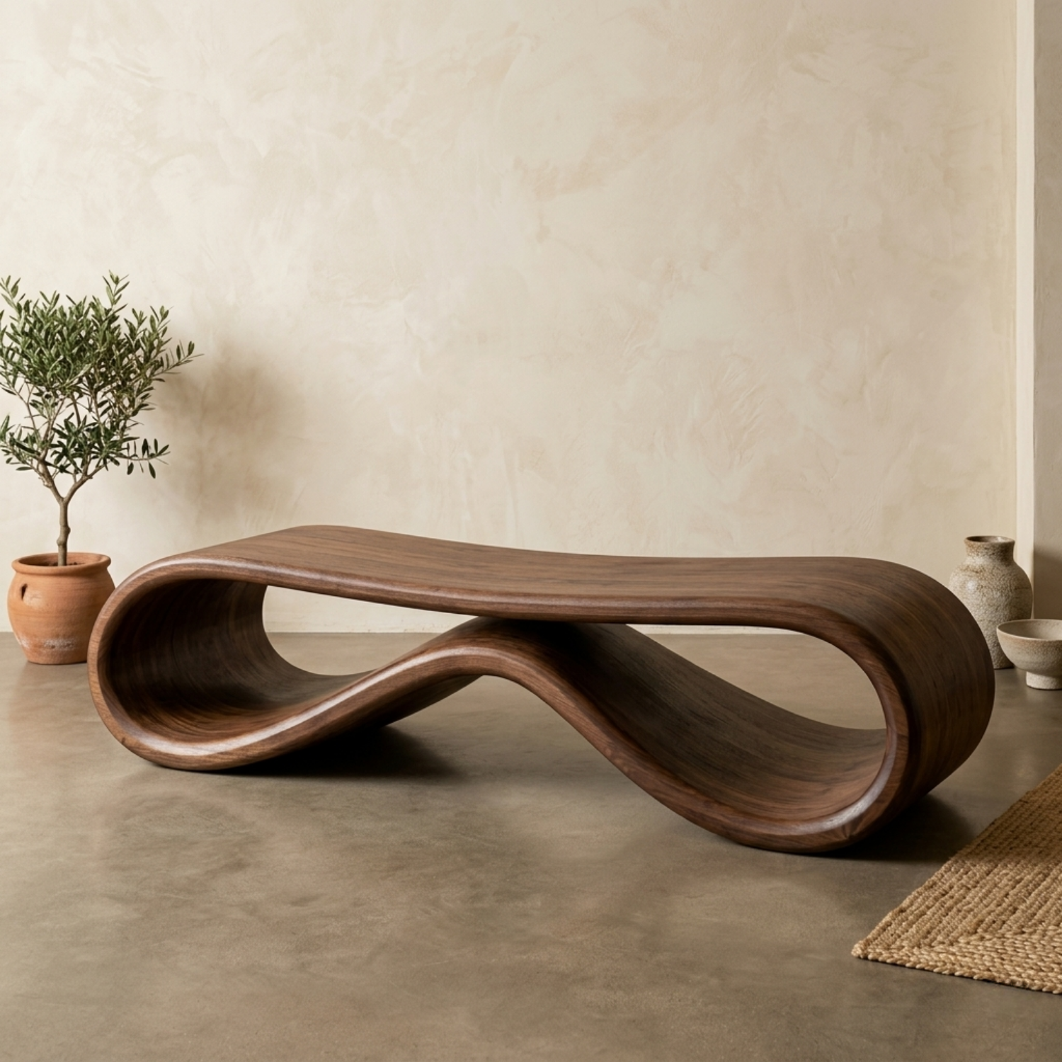 Handcrafted Outdoor Solid Wood Bench Sculptural Wave Form Modern Poolside Seating
