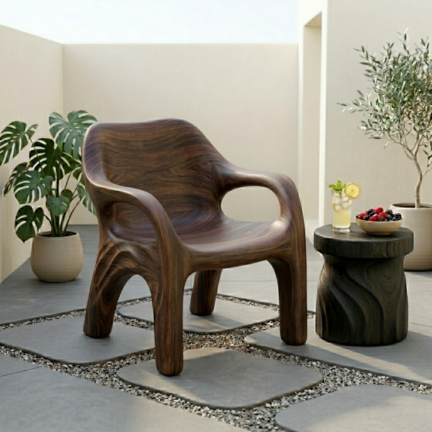Handcrafted Solid Wood Armchair – Sculptural Organic Curve Accent Chair