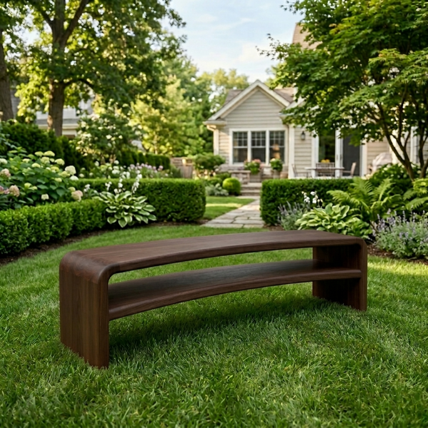 Solid Wood Outdoor Bench with Curved Waterfall Frame and Open Shelf Design