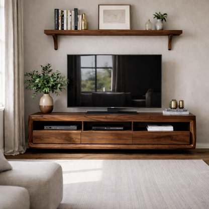 Solid Wood TV Stand with Drawers and Open Shelf – Rustic Modern Wooden Media Console Kitchnce