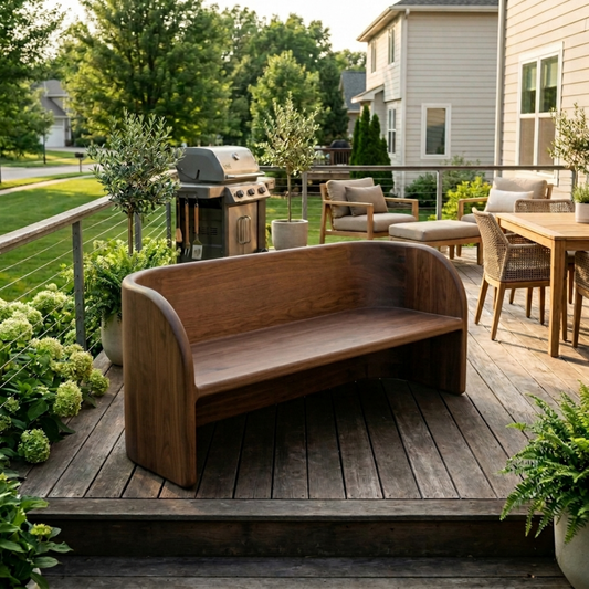 Solid Wood Outdoor Bench with Curved Backrest Sculptural Wraparound Design