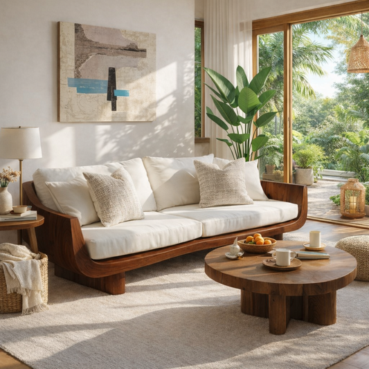Solid Wood Curved Arm Sofa Organic Modern Style