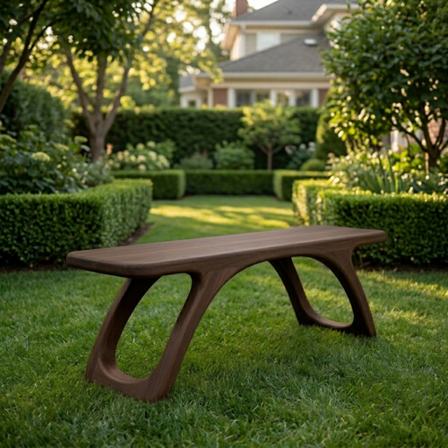 Solid Wood Outdoor Bench with Sculptural Cut-Out Legs and Organic Curved Frame
