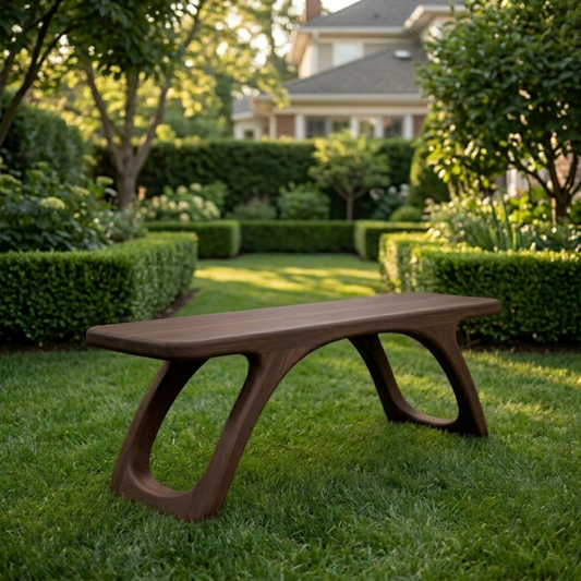 Solid Wood Outdoor Bench with Sculptural Cut-Out Legs and Organic Curved Frame