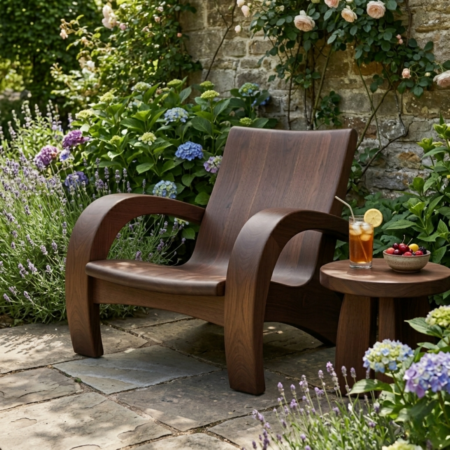 Modern Solid Wood Lounge Chair with Curved Armrests for Indoor & Outdoor Use