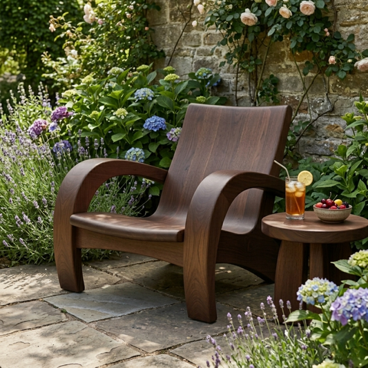 Modern Solid Wood Lounge Chair with Curved Armrests for Indoor & Outdoor Use