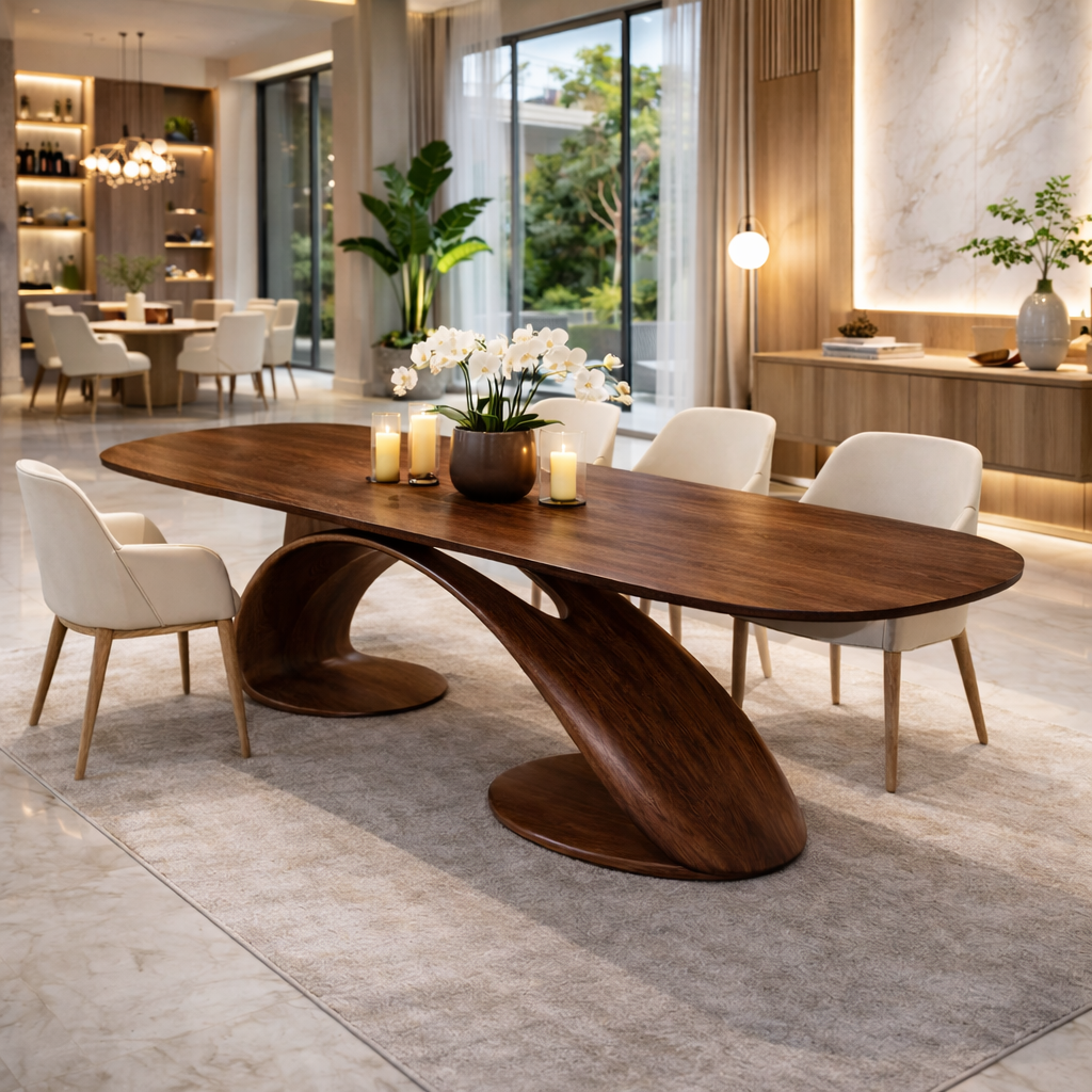 Solid Wood Oval Dining Table with Sculptural Base