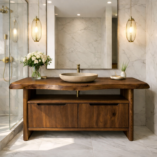Live Edge Solid Wood Bathroom Vanity with Dual Drawers and Open Shelf for Contemporary Bathrooms