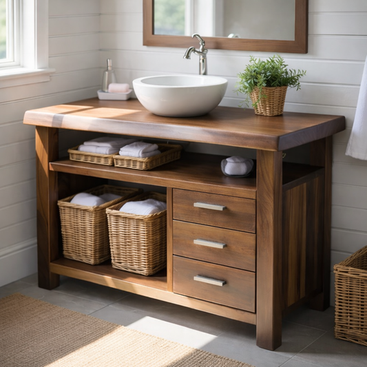 Handcraft Solid Wood Bathroom Vanity with Drawers and Open Shelf Storage Kitchnce