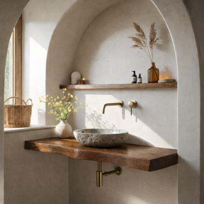 Solid Wood Floating Bathroom Vanity Shelf with Rustic Natural Finish Kitchnce