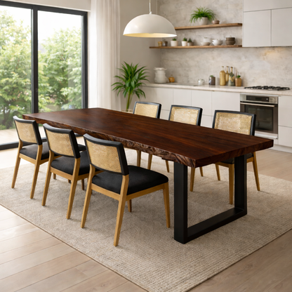 Handcrafted Solid Walnut Dining Table with U-Shaped Steel Base for Minimalist Homes