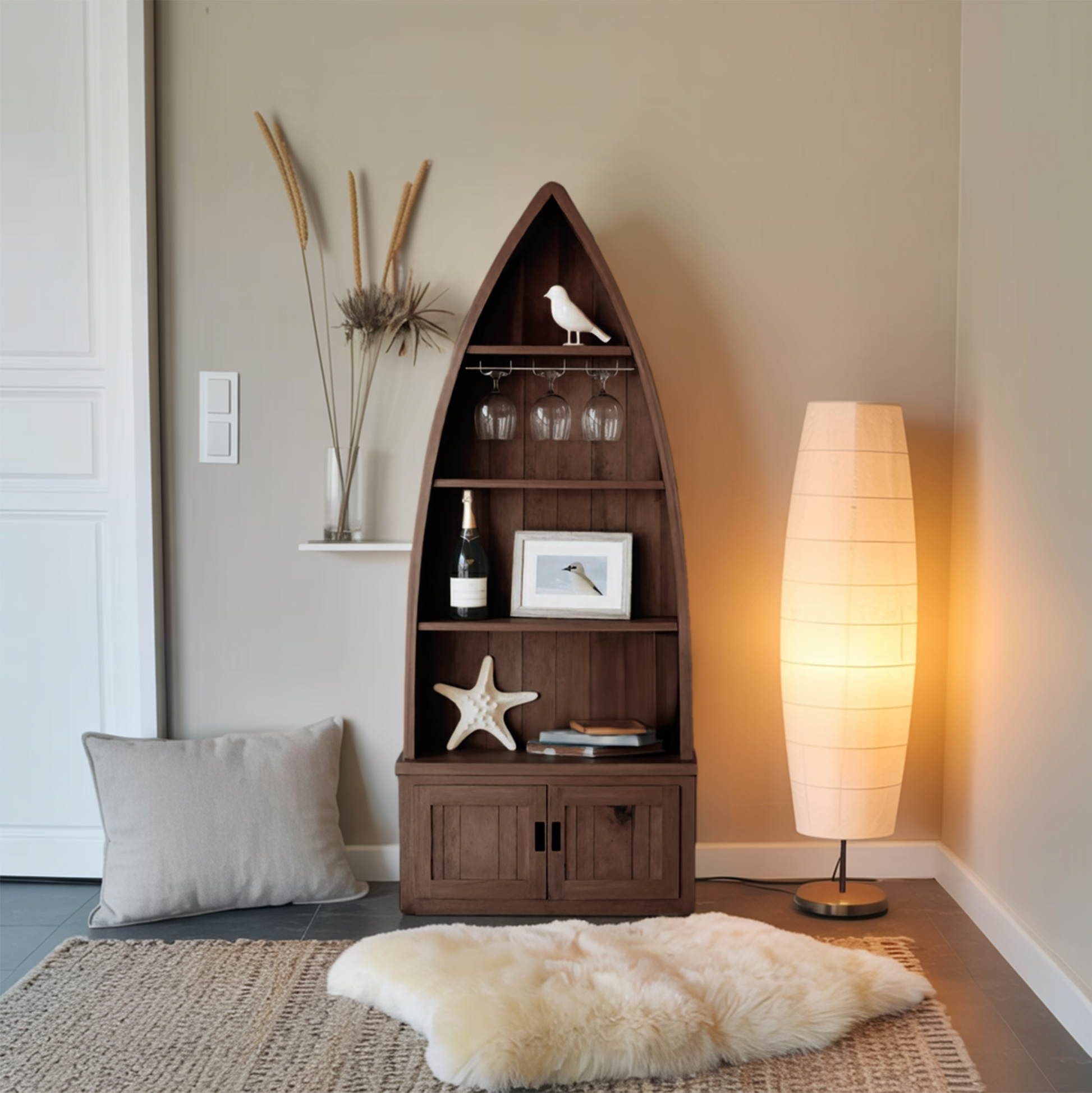 Boat Shaped Display Cabinet With Storage Drawers For Living Room And Entryway Kitchnce
