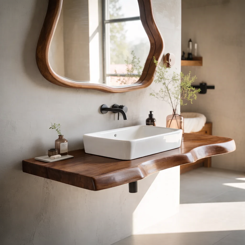 Live Edge Oak Floating Bathroom Vanity Shelf with Natural Finish Kitchnce