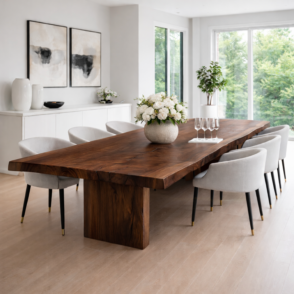 Solid Walnut Live Edge Dining Table with Sculptural Wood Base Kitchnce