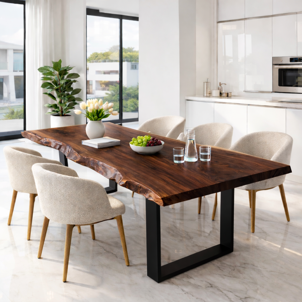 Live Edge Walnut Dining Table with Black Metal U-Shape Legs