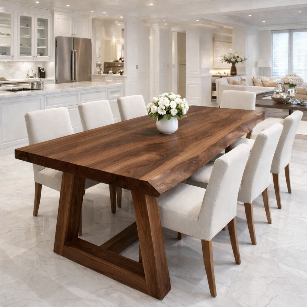 Handcrafted Solid Wood Live Edge Dining Table with Wooden Trestle Base