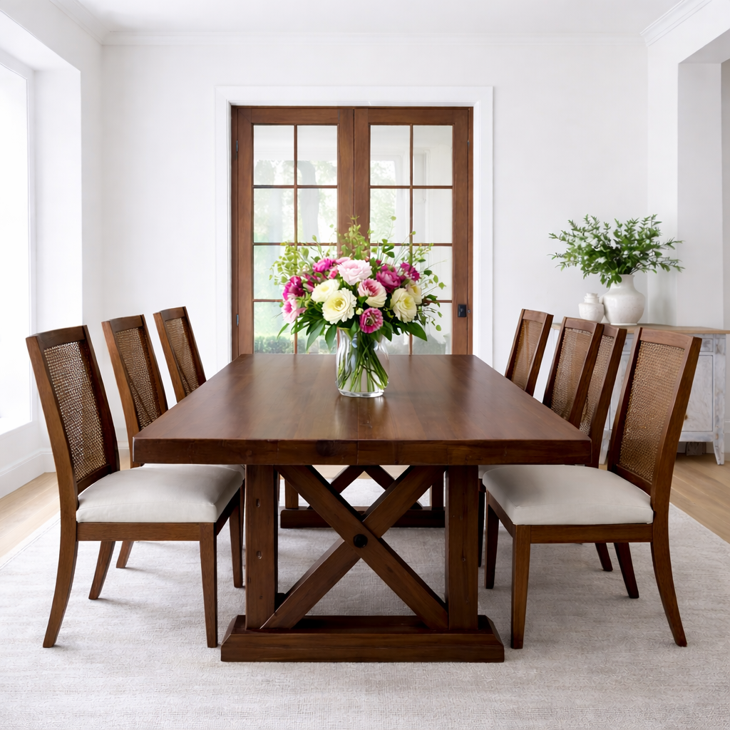 Solid Wood Dining Table with X-Base Farmhouse Style