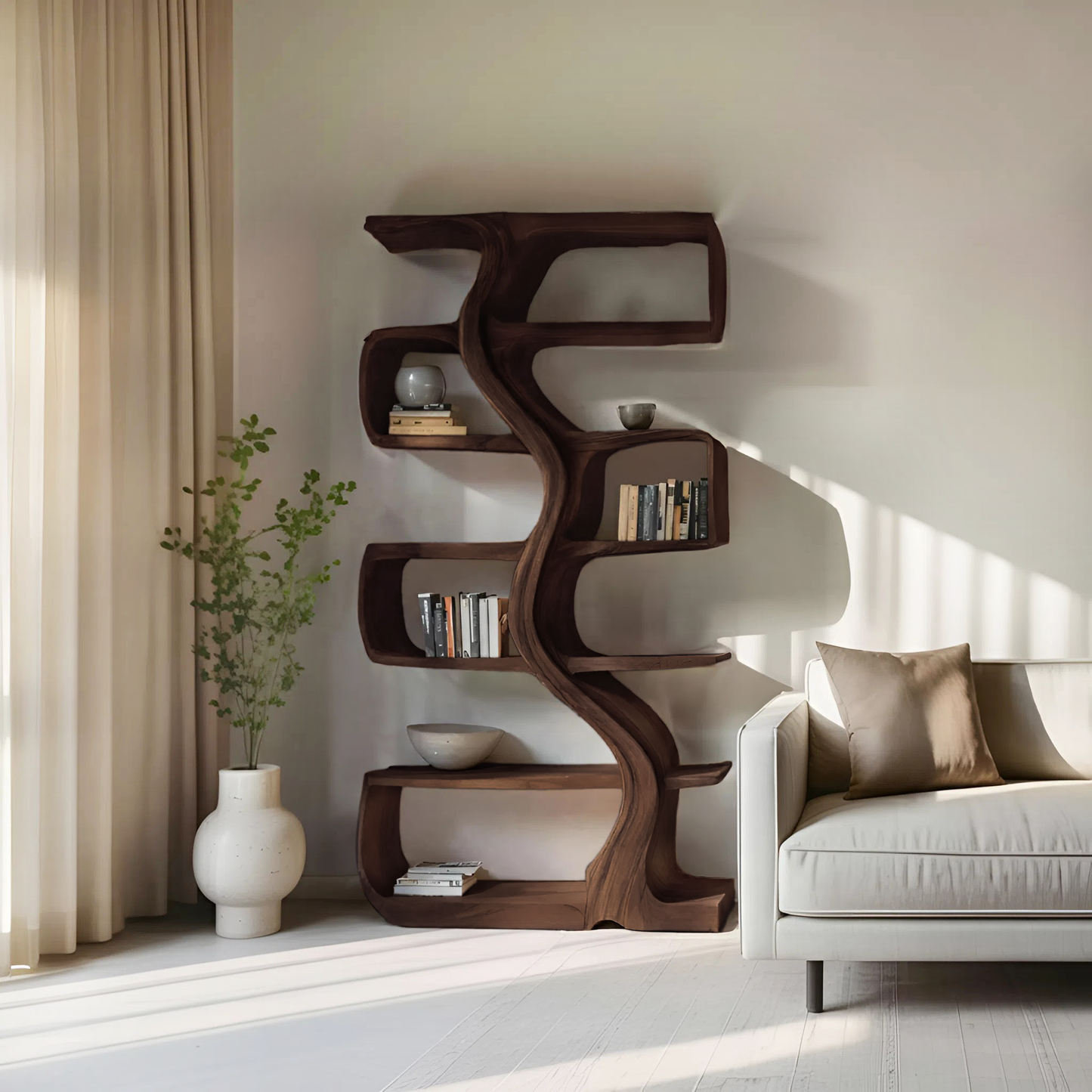 Organic Sculptural Bookshelf With Wavy Design For Living Room Kitchnce