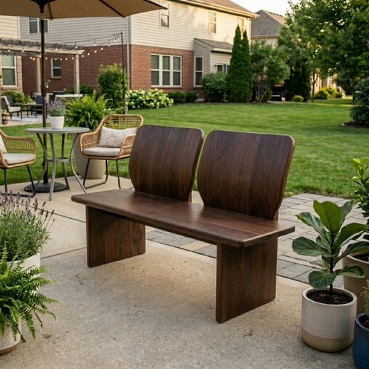 Solid Wood Outdoor Bench with Dual Curved Backrests Modern Sculptural Seating