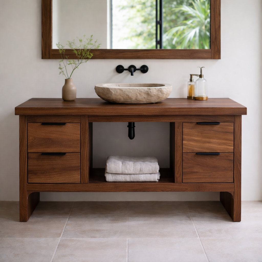 Rustic Soild Wood Bathroom Vanity with Drawers and Open Shelf for Contemporary Kitchnce