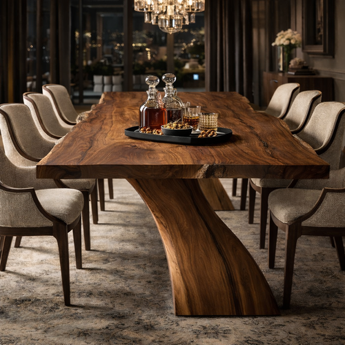 Live Edge Solid Wood Dining Table with Curved Base