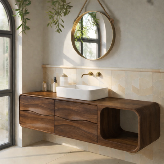 Floating Solid Wood Bathroom Vanity with Drawers and Open Shelf Kitchnce