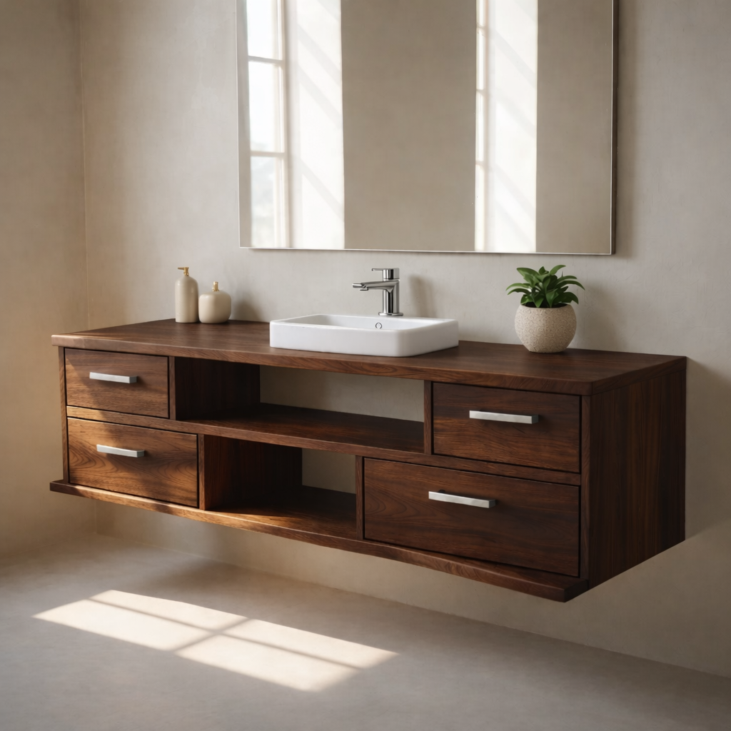 Floating Solid Wood Bathroom Vanity with Drawers and Open Shelf for Modern Bathrooms Kitchnce