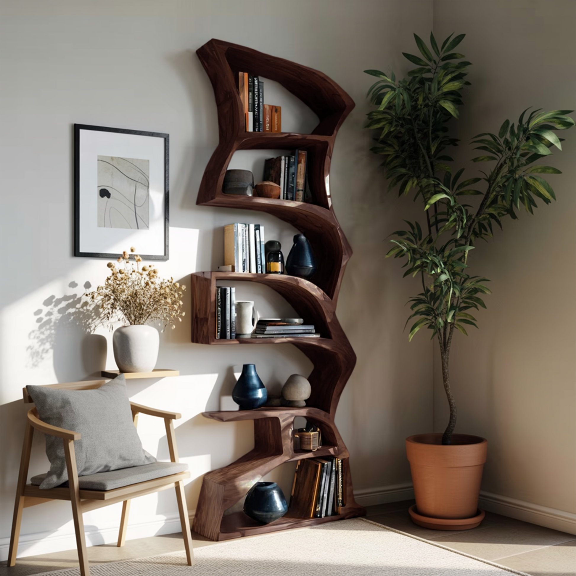 Modern Bookshelf With Curved Design For Study Kitchnce