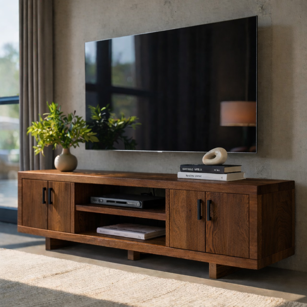 Modern Solid Wood TV Stand with Storage Cabinets and Open Media Shelf Kitchnce