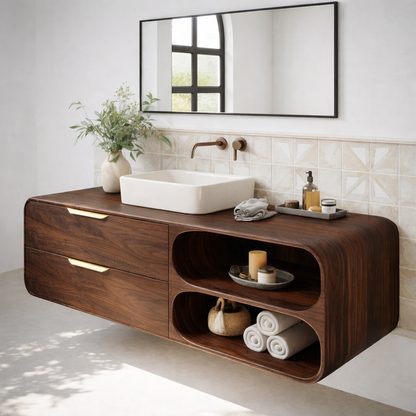 Floating Solid Wood Bathroom Vanity with Drawers and Open Curved Shelves for Modern Bathrooms Kitchnce