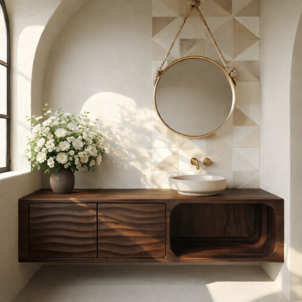 Floating Solid Wood Bathroom Vanity with Textured Cabinet Doors and Open Shelf for Contemporary Homes Kitchnce