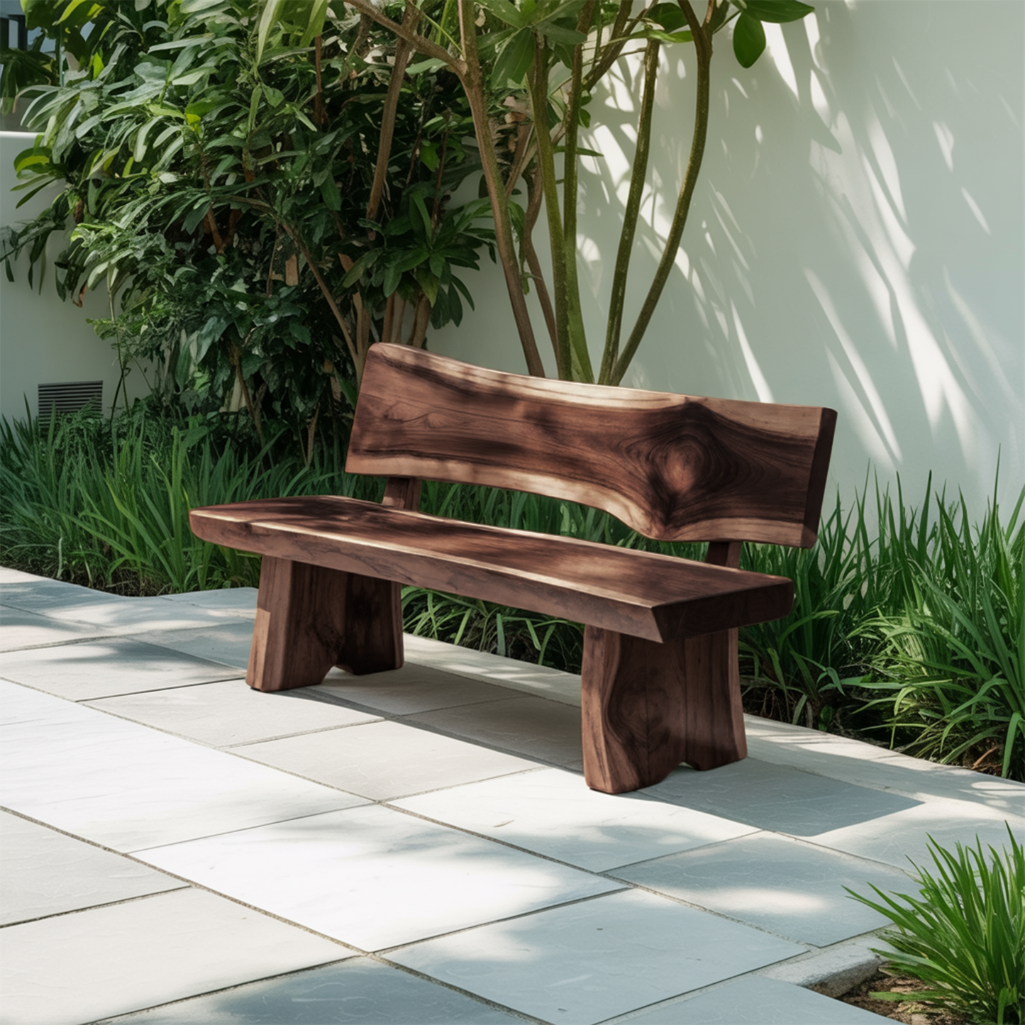Contemporary Outdoor Wood Bench With Sculpted Back For Patio Or Courtyard Kitchnce