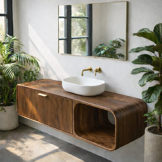 Contemporary Solid Wood Floating Bathroom Vanity with Open Side Shelf Kitchnce
