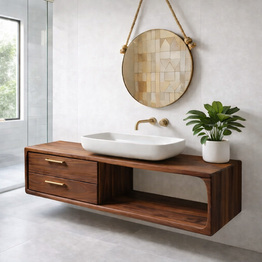 Modern Solid Wood Floating Bathroom Vanity with Double Drawers and Open Shelf Kitchnce