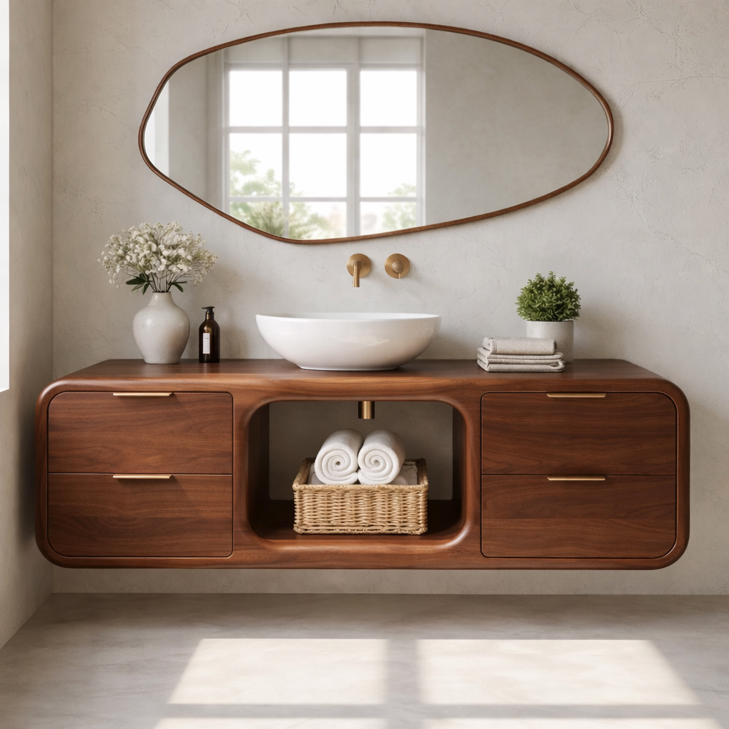 Modern Floating Solid Wood Bathroom Vanity with Open Center Shelf and Drawer Storage Kitchnce
