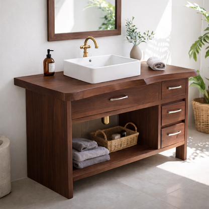 Modern Solid Wood Bathroom Vanity with Multiple Drawers and Open Storage Shelf Kitchnce